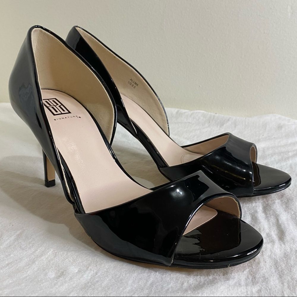 SS Signature black vegan patent leather Allma peep toe pumps 9.5